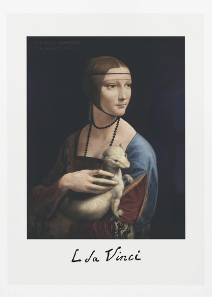 A framed art print of Leonardo da Vinci's painting, 'Lady with an Ermine'. The Renaissance portrait shows a woman holding a white ermine. The print has a white border with 'L da Vinci' signed at the bottom, mimicking a polaroid. Artwork