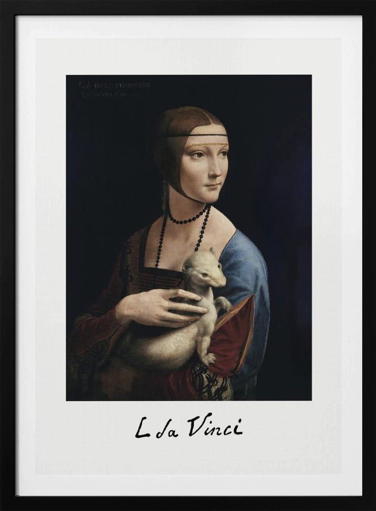 A framed art print of Leonardo da Vinci's painting, 'Lady with an Ermine'. The Renaissance portrait shows a woman holding a white ermine. The print has a white border with 'L da Vinci' signed at the bottom, mimicking a polaroid. Artwork