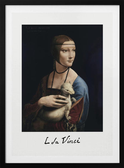 A framed art print of Leonardo da Vinci's painting, 'Lady with an Ermine'. The Renaissance portrait shows a woman holding a white ermine. The print has a white border with 'L da Vinci' signed at the bottom, mimicking a polaroid. Artwork