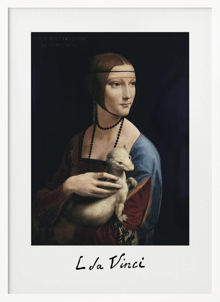 A framed art print of Leonardo da Vinci's painting, 'Lady with an Ermine'. The Renaissance portrait shows a woman holding a white ermine. The print has a white border with 'L da Vinci' signed at the bottom, mimicking a polaroid. Artwork