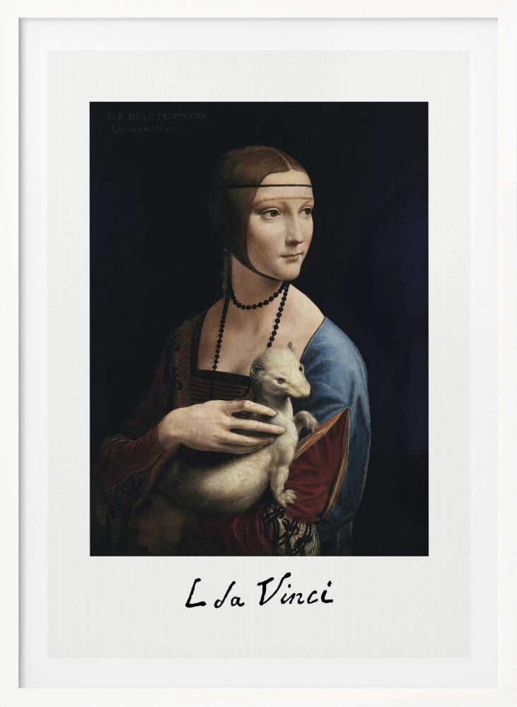 A framed art print of Leonardo da Vinci's painting, 'Lady with an Ermine'. The Renaissance portrait shows a woman holding a white ermine. The print has a white border with 'L da Vinci' signed at the bottom, mimicking a polaroid. Artwork