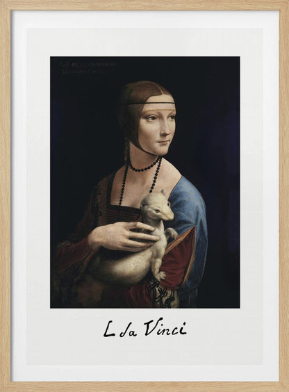 A framed art print of Leonardo da Vinci's painting, 'Lady with an Ermine'. The Renaissance portrait shows a woman holding a white ermine. The print has a white border with 'L da Vinci' signed at the bottom, mimicking a polaroid. Artwork