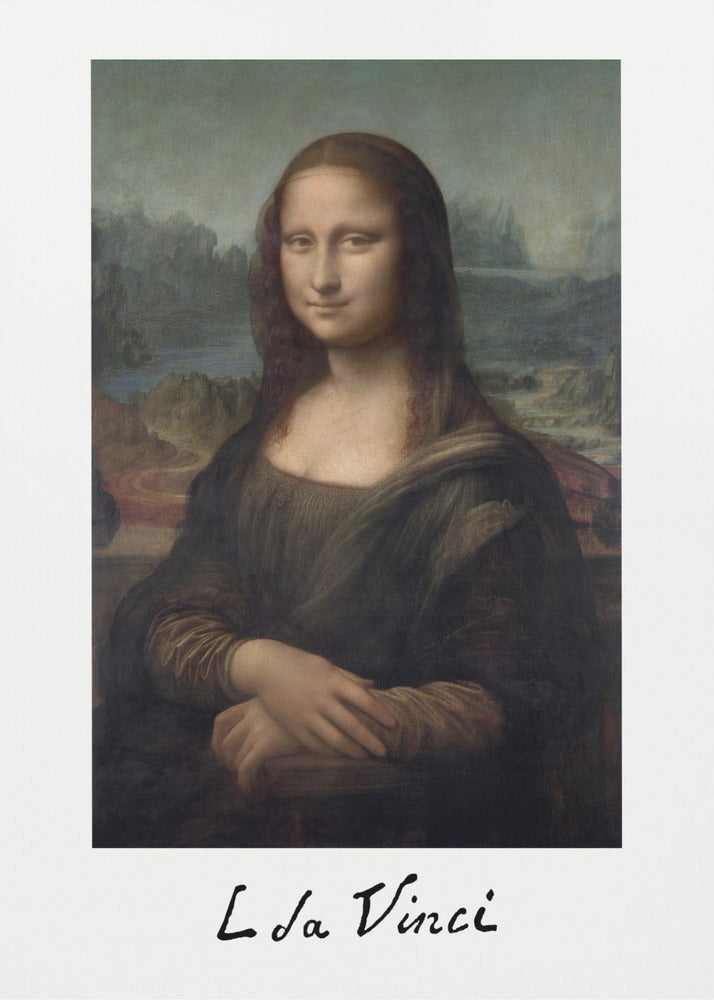 A framed art print of the Mona Lisa, styled like a polaroid picture with 'L da Vinci' handwritten underneath. The classic painting is set against a white mat within a simple black frame. Poster