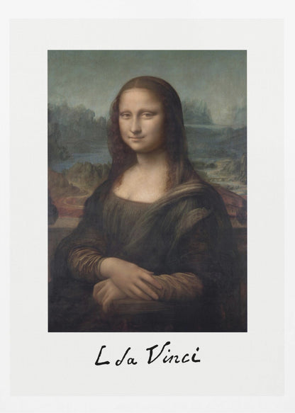 A framed art print of the Mona Lisa, styled like a polaroid picture with 'L da Vinci' handwritten underneath. The classic painting is set against a white mat within a simple black frame. Poster