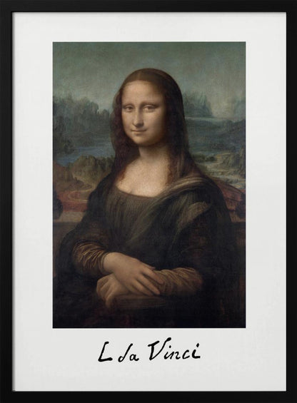 A framed art print of the Mona Lisa, styled like a polaroid picture with 'L da Vinci' handwritten underneath. The classic painting is set against a white mat within a simple black frame. Poster