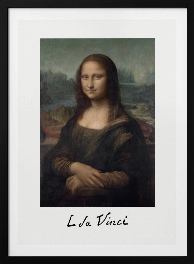 A framed art print of the Mona Lisa, styled like a polaroid picture with 'L da Vinci' handwritten underneath. The classic painting is set against a white mat within a simple black frame. Poster