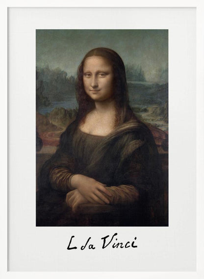 A framed art print of the Mona Lisa, styled like a polaroid picture with 'L da Vinci' handwritten underneath. The classic painting is set against a white mat within a simple black frame. Poster