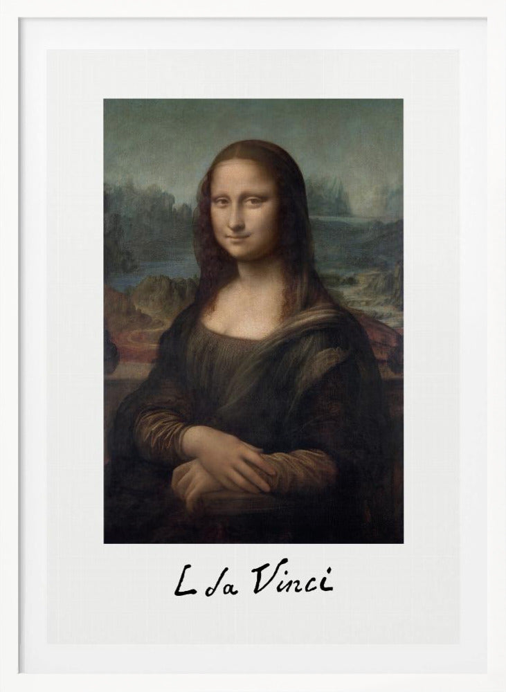 A framed art print of the Mona Lisa, styled like a polaroid picture with 'L da Vinci' handwritten underneath. The classic painting is set against a white mat within a simple black frame. Poster