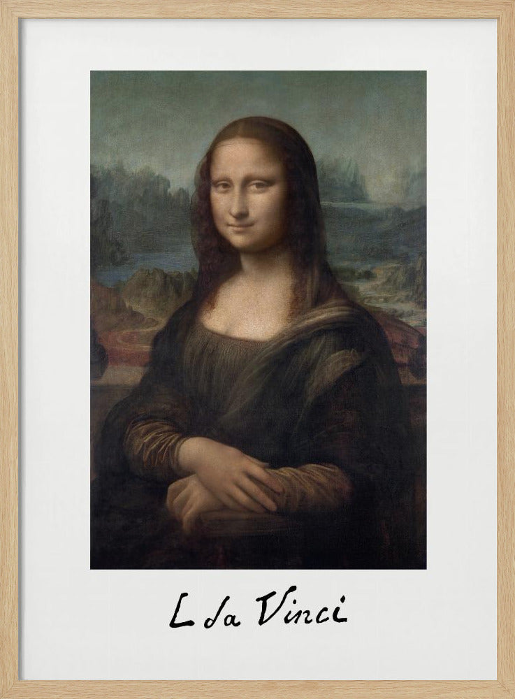A framed art print of the Mona Lisa, styled like a polaroid picture with 'L da Vinci' handwritten underneath. The classic painting is set against a white mat within a simple black frame. Poster