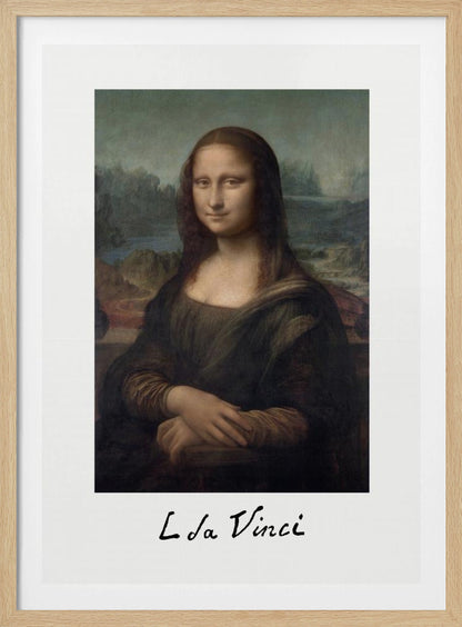 A framed art print of the Mona Lisa, styled like a polaroid picture with 'L da Vinci' handwritten underneath. The classic painting is set against a white mat within a simple black frame. Poster