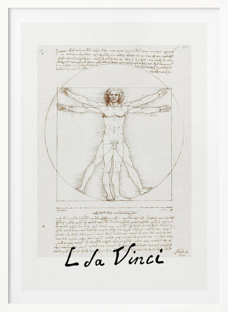 A framed print of Leonardo da Vinci's 'Vitruvian Man.' The famous sepia-toned sketch on aged paper shows a nude male figure in two poses, circumscribed by a circle and a square, with handwritten notes above and below. The artist's name is written at the bottom. Decor