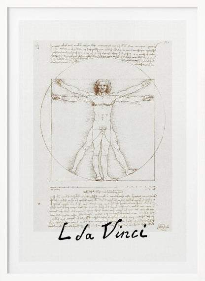 A framed print of Leonardo da Vinci's 'Vitruvian Man.' The famous sepia-toned sketch on aged paper shows a nude male figure in two poses, circumscribed by a circle and a square, with handwritten notes above and below. The artist's name is written at the bottom. Decor