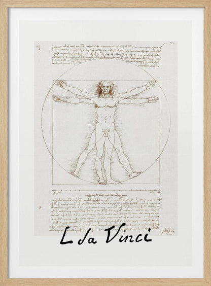 A framed print of Leonardo da Vinci's 'Vitruvian Man.' The famous sepia-toned sketch on aged paper shows a nude male figure in two poses, circumscribed by a circle and a square, with handwritten notes above and below. The artist's name is written at the bottom. Decor