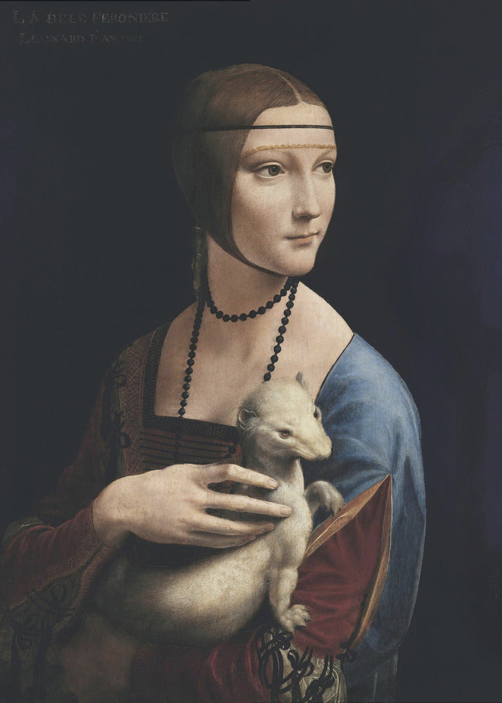 A classic portrait painting by Leonardo da Vinci, 'Lady with an Ermine,' in a thin black frame. The painting shows a woman in Renaissance attire with her hair pulled back, holding a white ermine against a dark, plain background. She is turned three-quarters and looks off to the side. Artwork