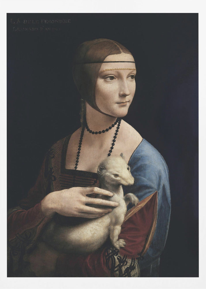 A classic portrait painting by Leonardo da Vinci, 'Lady with an Ermine,' in a thin black frame. The painting shows a woman in Renaissance attire with her hair pulled back, holding a white ermine against a dark, plain background. She is turned three-quarters and looks off to the side. Artwork