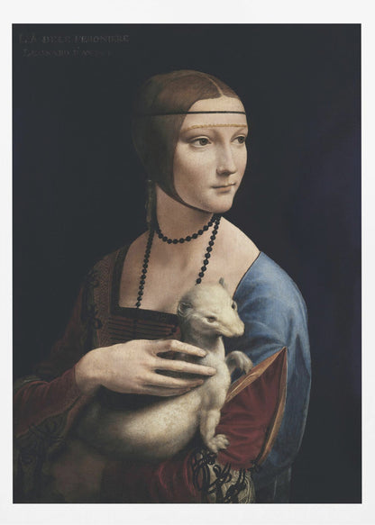 A classic portrait painting by Leonardo da Vinci, 'Lady with an Ermine,' in a thin black frame. The painting shows a woman in Renaissance attire with her hair pulled back, holding a white ermine against a dark, plain background. She is turned three-quarters and looks off to the side. Artwork