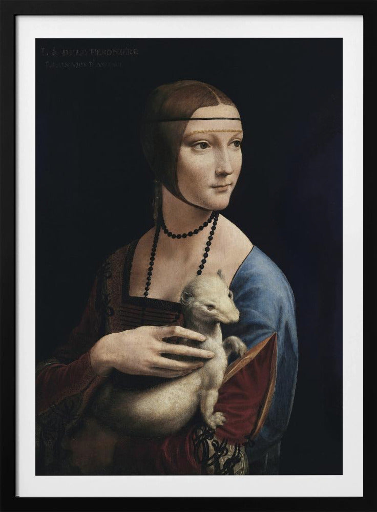 A classic portrait painting by Leonardo da Vinci, 'Lady with an Ermine,' in a thin black frame. The painting shows a woman in Renaissance attire with her hair pulled back, holding a white ermine against a dark, plain background. She is turned three-quarters and looks off to the side. Artwork