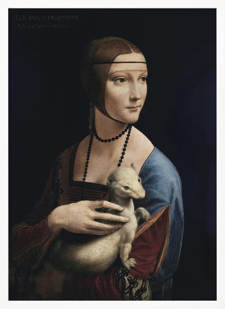 A classic portrait painting by Leonardo da Vinci, 'Lady with an Ermine,' in a thin black frame. The painting shows a woman in Renaissance attire with her hair pulled back, holding a white ermine against a dark, plain background. She is turned three-quarters and looks off to the side. Artwork
