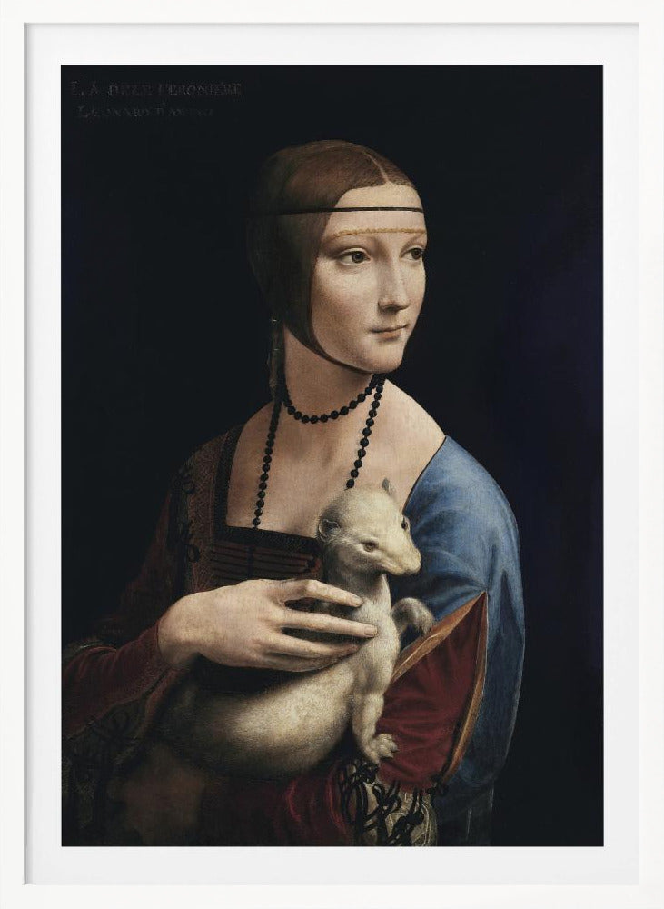 A classic portrait painting by Leonardo da Vinci, 'Lady with an Ermine,' in a thin black frame. The painting shows a woman in Renaissance attire with her hair pulled back, holding a white ermine against a dark, plain background. She is turned three-quarters and looks off to the side. Artwork
