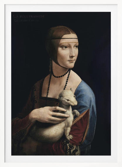 A classic portrait painting by Leonardo da Vinci, 'Lady with an Ermine,' in a thin black frame. The painting shows a woman in Renaissance attire with her hair pulled back, holding a white ermine against a dark, plain background. She is turned three-quarters and looks off to the side. Artwork