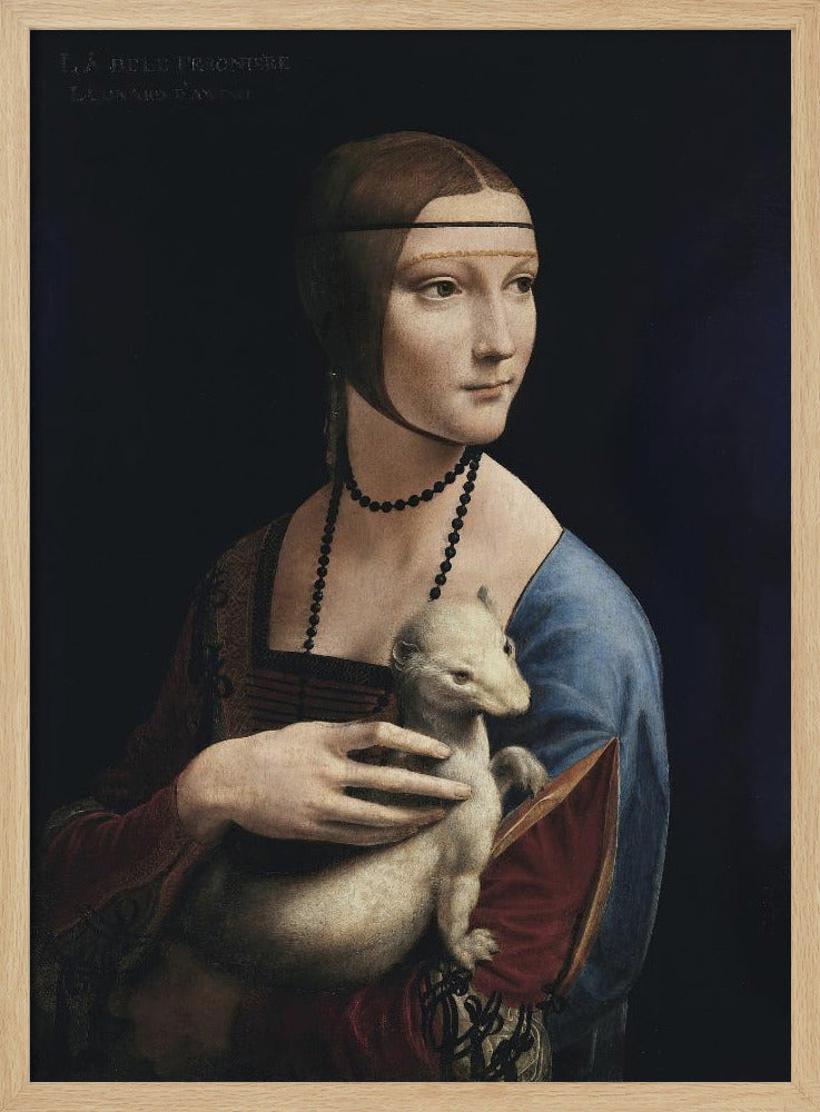 A classic portrait painting by Leonardo da Vinci, 'Lady with an Ermine,' in a thin black frame. The painting shows a woman in Renaissance attire with her hair pulled back, holding a white ermine against a dark, plain background. She is turned three-quarters and looks off to the side. Artwork