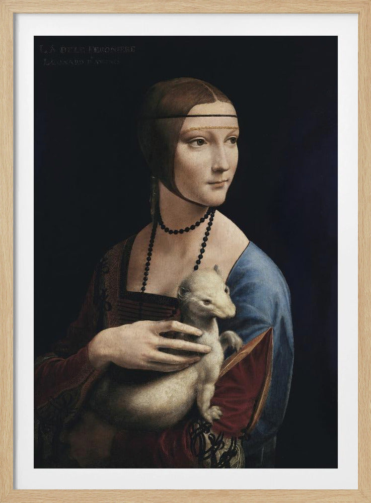 A classic portrait painting by Leonardo da Vinci, 'Lady with an Ermine,' in a thin black frame. The painting shows a woman in Renaissance attire with her hair pulled back, holding a white ermine against a dark, plain background. She is turned three-quarters and looks off to the side. Artwork