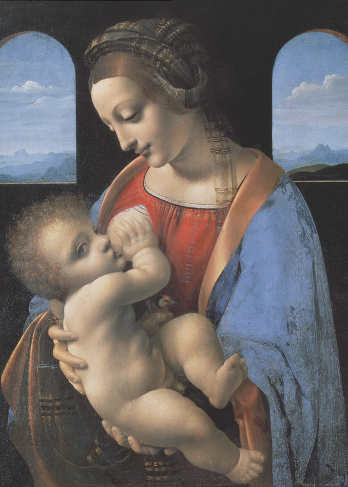 A Renaissance painting of the Madonna and Child, known as 'Madonna Litta' by Leonardo da Vinci. The Virgin Mary, dressed in a red gown and blue mantle, gazes down lovingly at the infant Jesus whom she holds in her arms. The scene is set in a dark room with two arched windows that open to a serene, mountainous landscape. Artwork
