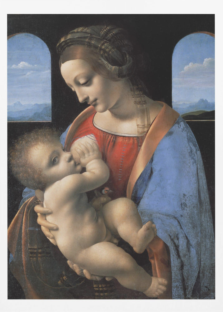 A Renaissance painting of the Madonna and Child, known as 'Madonna Litta' by Leonardo da Vinci. The Virgin Mary, dressed in a red gown and blue mantle, gazes down lovingly at the infant Jesus whom she holds in her arms. The scene is set in a dark room with two arched windows that open to a serene, mountainous landscape. Artwork