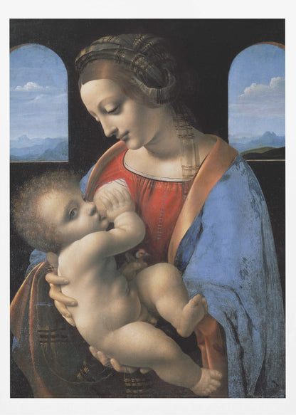 A Renaissance painting of the Madonna and Child, known as 'Madonna Litta' by Leonardo da Vinci. The Virgin Mary, dressed in a red gown and blue mantle, gazes down lovingly at the infant Jesus whom she holds in her arms. The scene is set in a dark room with two arched windows that open to a serene, mountainous landscape. Artwork