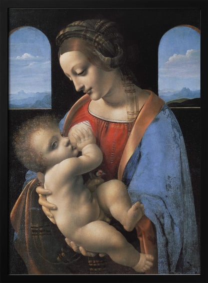 A Renaissance painting of the Madonna and Child, known as 'Madonna Litta' by Leonardo da Vinci. The Virgin Mary, dressed in a red gown and blue mantle, gazes down lovingly at the infant Jesus whom she holds in her arms. The scene is set in a dark room with two arched windows that open to a serene, mountainous landscape. Artwork