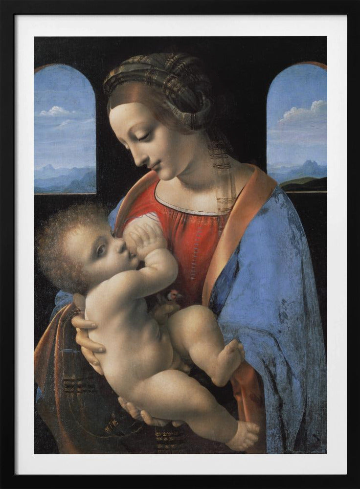 A Renaissance painting of the Madonna and Child, known as 'Madonna Litta' by Leonardo da Vinci. The Virgin Mary, dressed in a red gown and blue mantle, gazes down lovingly at the infant Jesus whom she holds in her arms. The scene is set in a dark room with two arched windows that open to a serene, mountainous landscape. Artwork