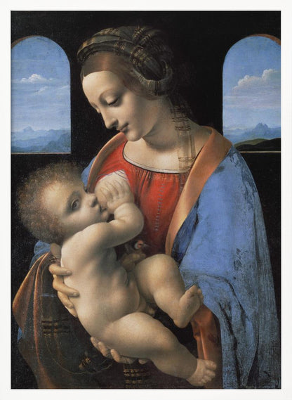 A Renaissance painting of the Madonna and Child, known as 'Madonna Litta' by Leonardo da Vinci. The Virgin Mary, dressed in a red gown and blue mantle, gazes down lovingly at the infant Jesus whom she holds in her arms. The scene is set in a dark room with two arched windows that open to a serene, mountainous landscape. Artwork