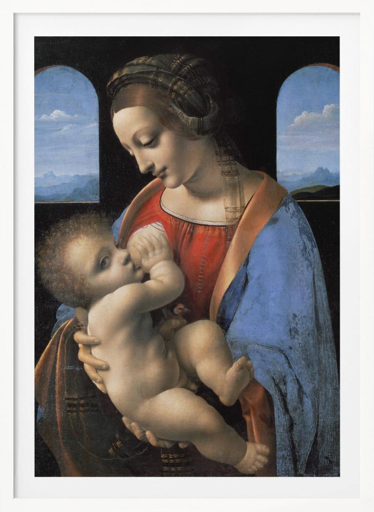 A Renaissance painting of the Madonna and Child, known as 'Madonna Litta' by Leonardo da Vinci. The Virgin Mary, dressed in a red gown and blue mantle, gazes down lovingly at the infant Jesus whom she holds in her arms. The scene is set in a dark room with two arched windows that open to a serene, mountainous landscape. Artwork