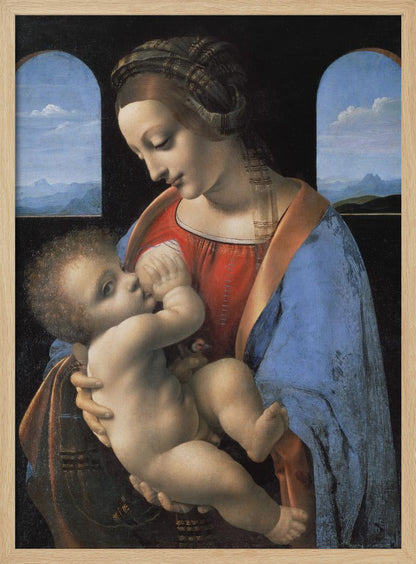 A Renaissance painting of the Madonna and Child, known as 'Madonna Litta' by Leonardo da Vinci. The Virgin Mary, dressed in a red gown and blue mantle, gazes down lovingly at the infant Jesus whom she holds in her arms. The scene is set in a dark room with two arched windows that open to a serene, mountainous landscape. Artwork