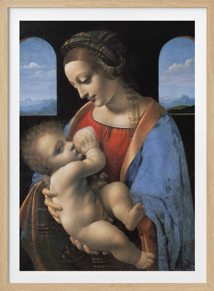 A Renaissance painting of the Madonna and Child, known as 'Madonna Litta' by Leonardo da Vinci. The Virgin Mary, dressed in a red gown and blue mantle, gazes down lovingly at the infant Jesus whom she holds in her arms. The scene is set in a dark room with two arched windows that open to a serene, mountainous landscape. Artwork