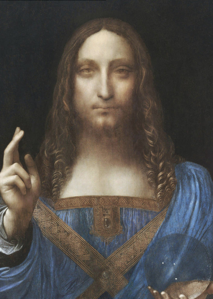 A framed portrait painting of Jesus Christ, known as Salvator Mundi, attributed to Leonardo da Vinci. He is depicted against a dark background, wearing a blue robe, with his right hand raised in blessing and his left holding a crystal orb. Wall Art