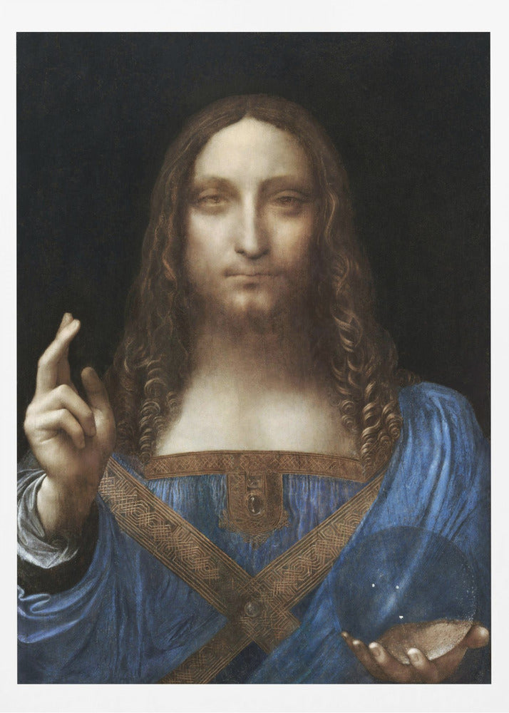 A framed portrait painting of Jesus Christ, known as Salvator Mundi, attributed to Leonardo da Vinci. He is depicted against a dark background, wearing a blue robe, with his right hand raised in blessing and his left holding a crystal orb. Wall Art