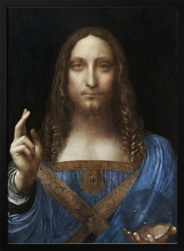 A framed portrait painting of Jesus Christ, known as Salvator Mundi, attributed to Leonardo da Vinci. He is depicted against a dark background, wearing a blue robe, with his right hand raised in blessing and his left holding a crystal orb. Wall Art