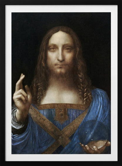 A framed portrait painting of Jesus Christ, known as Salvator Mundi, attributed to Leonardo da Vinci. He is depicted against a dark background, wearing a blue robe, with his right hand raised in blessing and his left holding a crystal orb. Wall Art