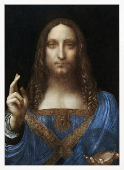 A framed portrait painting of Jesus Christ, known as Salvator Mundi, attributed to Leonardo da Vinci. He is depicted against a dark background, wearing a blue robe, with his right hand raised in blessing and his left holding a crystal orb. Wall Art