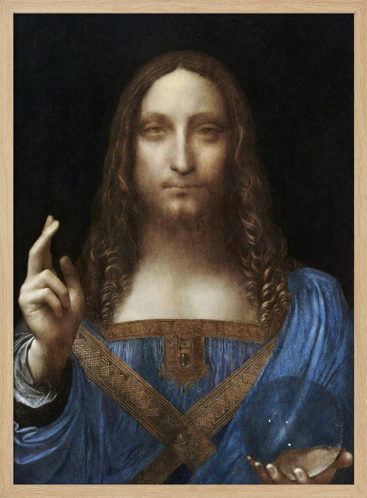 A framed portrait painting of Jesus Christ, known as Salvator Mundi, attributed to Leonardo da Vinci. He is depicted against a dark background, wearing a blue robe, with his right hand raised in blessing and his left holding a crystal orb. Wall Art