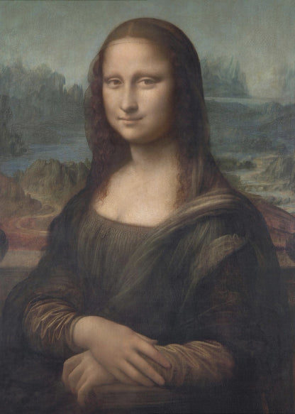 The famous Renaissance portrait painting, Mona Lisa by Leonardo da Vinci, featuring a woman with a gentle, enigmatic smile. She is depicted from the waist up, with her hands crossed, set against a distant, atmospheric landscape of mountains and water. The painting, in a black frame, has a muted color palette of browns, greens, and ochres. Poster
