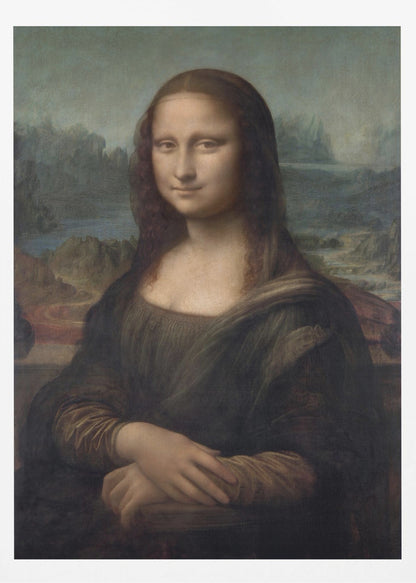 The famous Renaissance portrait painting, Mona Lisa by Leonardo da Vinci, featuring a woman with a gentle, enigmatic smile. She is depicted from the waist up, with her hands crossed, set against a distant, atmospheric landscape of mountains and water. The painting, in a black frame, has a muted color palette of browns, greens, and ochres. Poster