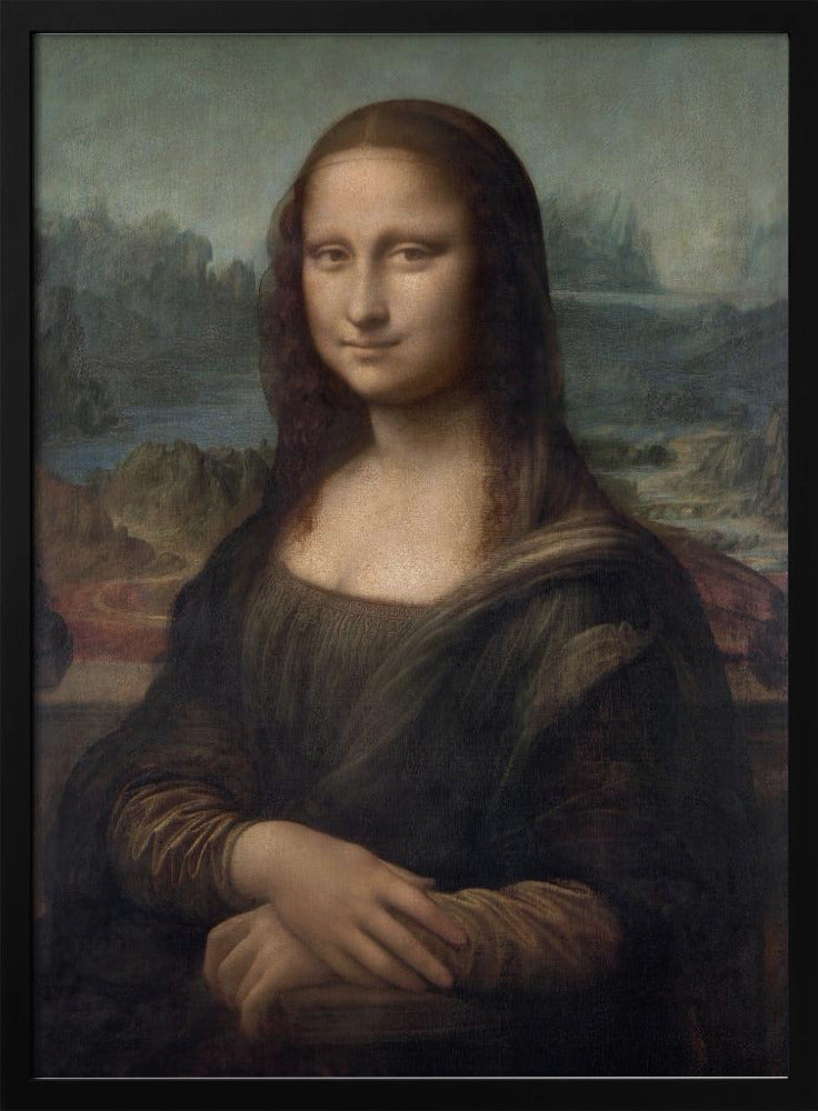 The famous Renaissance portrait painting, Mona Lisa by Leonardo da Vinci, featuring a woman with a gentle, enigmatic smile. She is depicted from the waist up, with her hands crossed, set against a distant, atmospheric landscape of mountains and water. The painting, in a black frame, has a muted color palette of browns, greens, and ochres. Poster