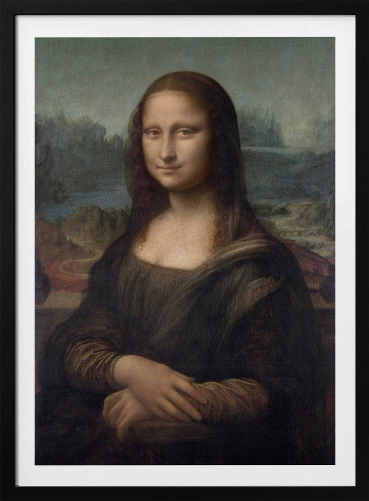 The famous Renaissance portrait painting, Mona Lisa by Leonardo da Vinci, featuring a woman with a gentle, enigmatic smile. She is depicted from the waist up, with her hands crossed, set against a distant, atmospheric landscape of mountains and water. The painting, in a black frame, has a muted color palette of browns, greens, and ochres. Poster