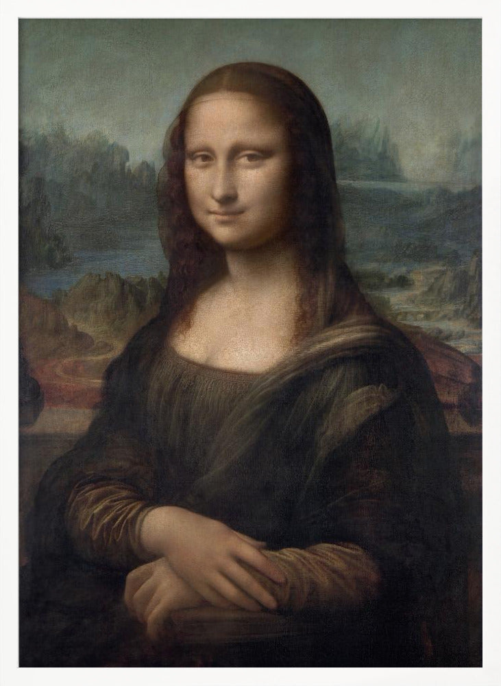The famous Renaissance portrait painting, Mona Lisa by Leonardo da Vinci, featuring a woman with a gentle, enigmatic smile. She is depicted from the waist up, with her hands crossed, set against a distant, atmospheric landscape of mountains and water. The painting, in a black frame, has a muted color palette of browns, greens, and ochres. Poster