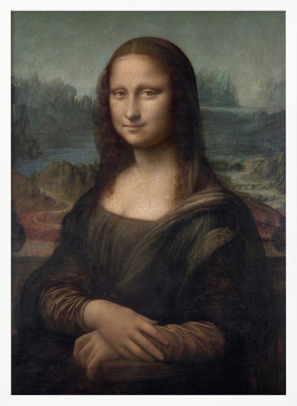 The famous Renaissance portrait painting, Mona Lisa by Leonardo da Vinci, featuring a woman with a gentle, enigmatic smile. She is depicted from the waist up, with her hands crossed, set against a distant, atmospheric landscape of mountains and water. The painting, in a black frame, has a muted color palette of browns, greens, and ochres. Poster
