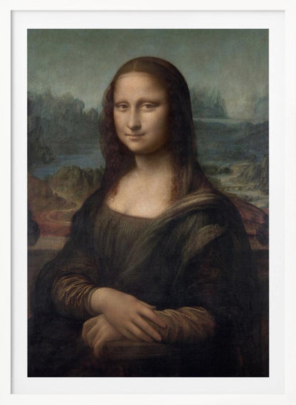 The famous Renaissance portrait painting, Mona Lisa by Leonardo da Vinci, featuring a woman with a gentle, enigmatic smile. She is depicted from the waist up, with her hands crossed, set against a distant, atmospheric landscape of mountains and water. The painting, in a black frame, has a muted color palette of browns, greens, and ochres. Poster
