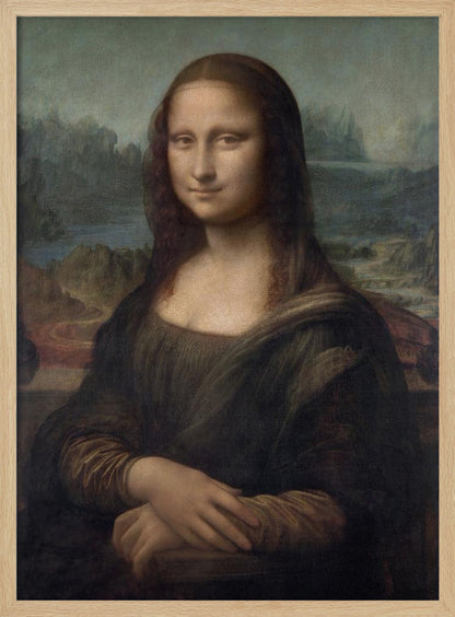 The famous Renaissance portrait painting, Mona Lisa by Leonardo da Vinci, featuring a woman with a gentle, enigmatic smile. She is depicted from the waist up, with her hands crossed, set against a distant, atmospheric landscape of mountains and water. The painting, in a black frame, has a muted color palette of browns, greens, and ochres. Poster