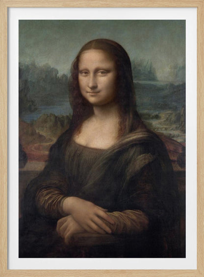 The famous Renaissance portrait painting, Mona Lisa by Leonardo da Vinci, featuring a woman with a gentle, enigmatic smile. She is depicted from the waist up, with her hands crossed, set against a distant, atmospheric landscape of mountains and water. The painting, in a black frame, has a muted color palette of browns, greens, and ochres. Poster